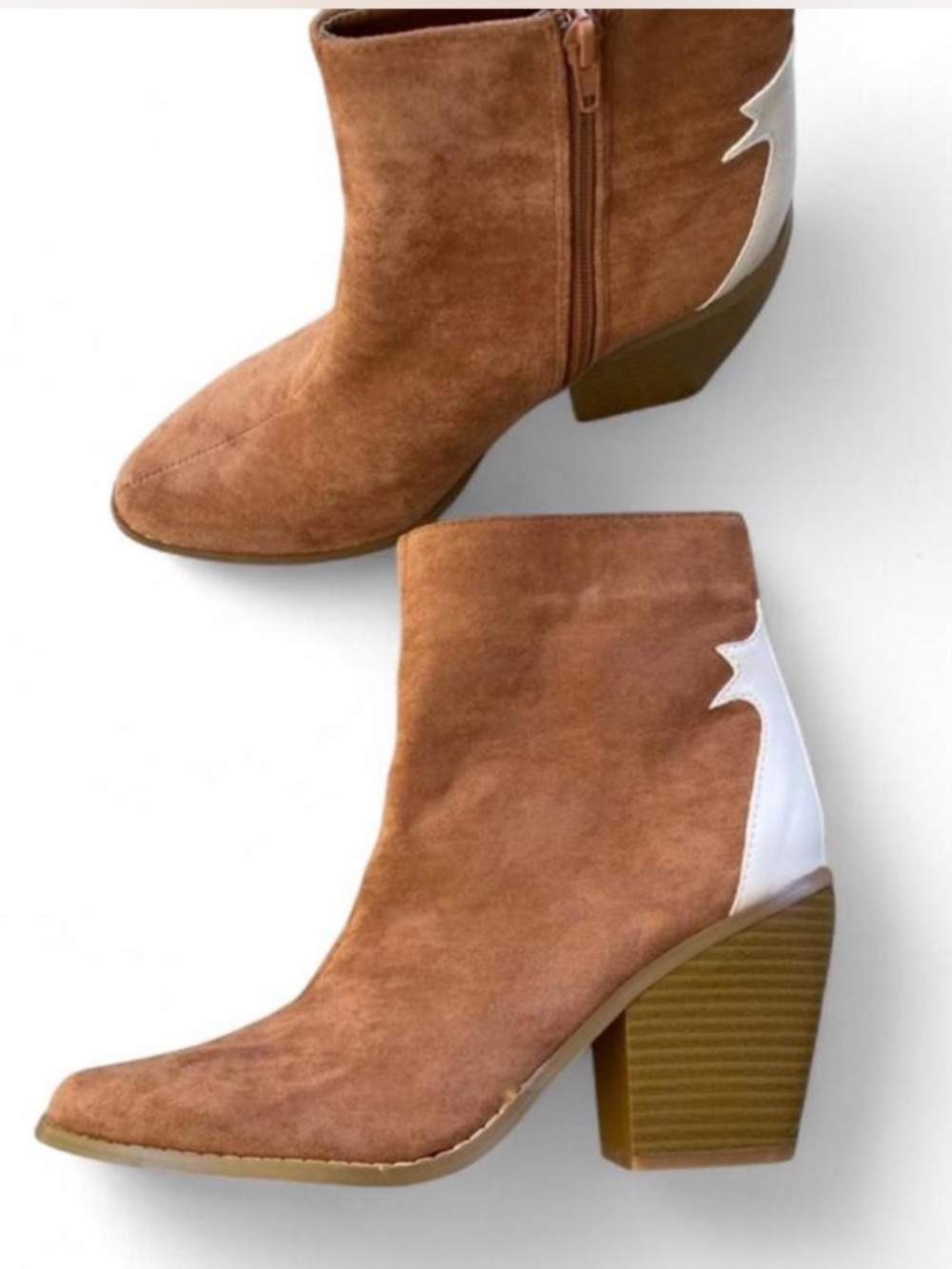 Yoki Western Suede Ankle Boots White Leather Detail Cowboy Cowgirl Booties
